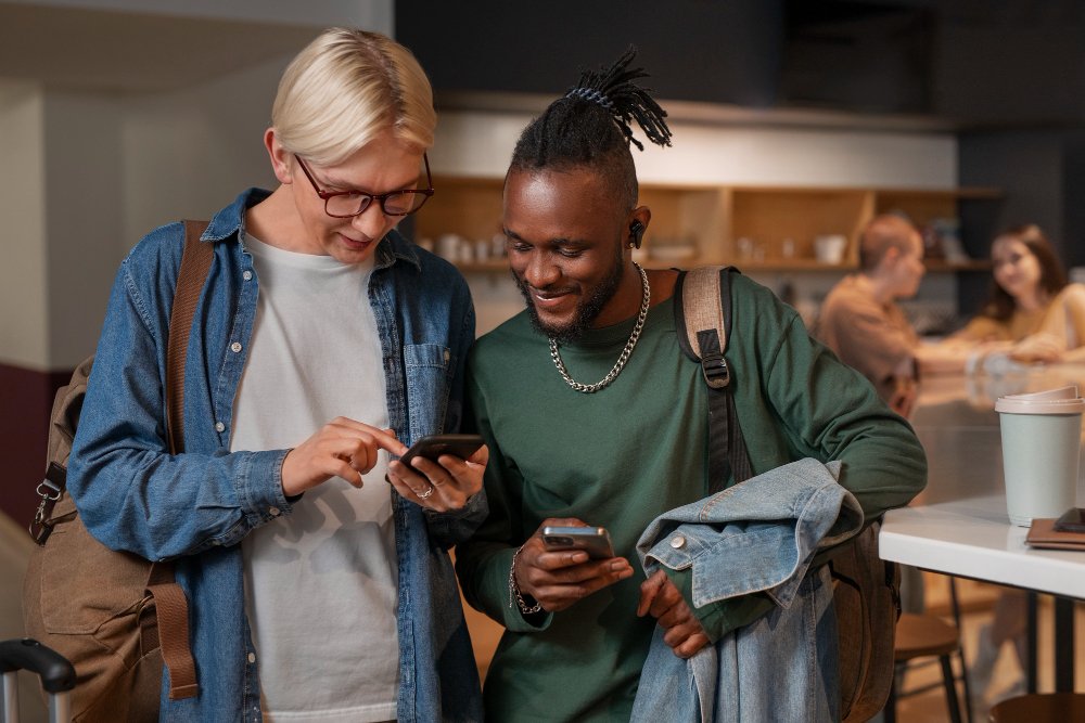 Two shop owners comparing search results on a phone while working out how to get your website found in Kenya