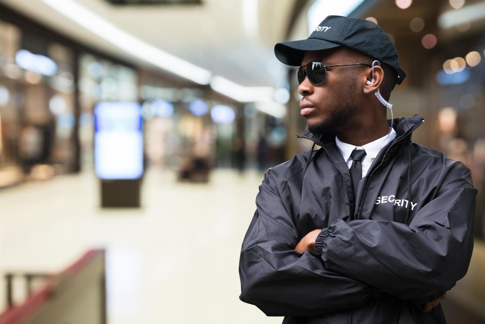 Security guard briefing a shift change